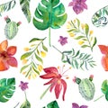 Seamless floral pattern with tropical flowers, watercolor. Royalty Free Stock Photo